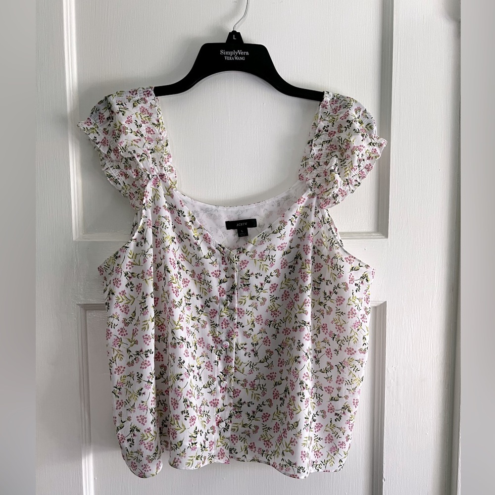 J. Crew White Floral Ruffle Sleeve Button Front Blouse